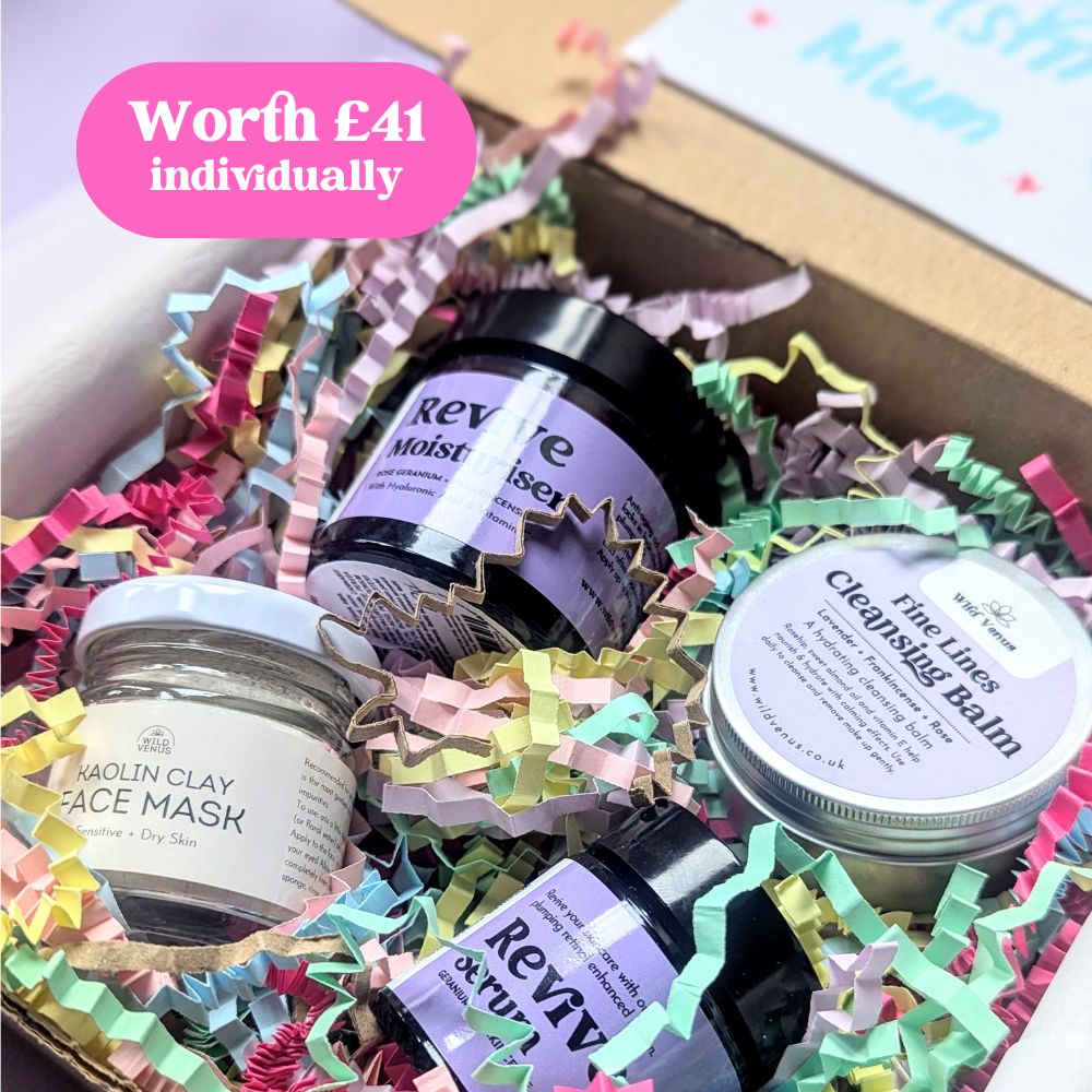  The She's so Fine Face Care Gift Box is open showing all the products inside. The gift box is shown on a pale lilac background. A text bubble says 'Worth £41 individually'.