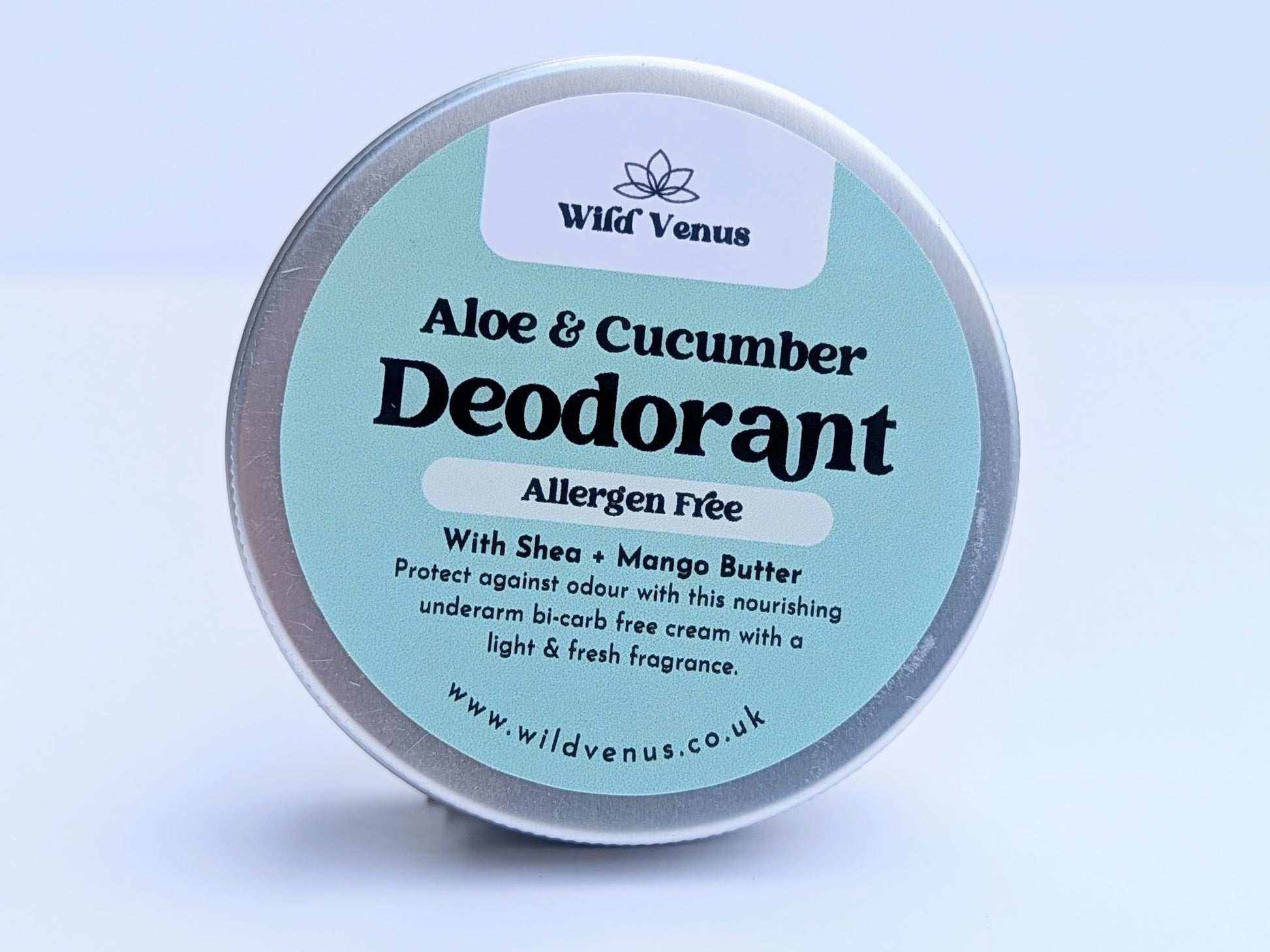 A tin of Aloe and Cucumber Deodorant against a white background