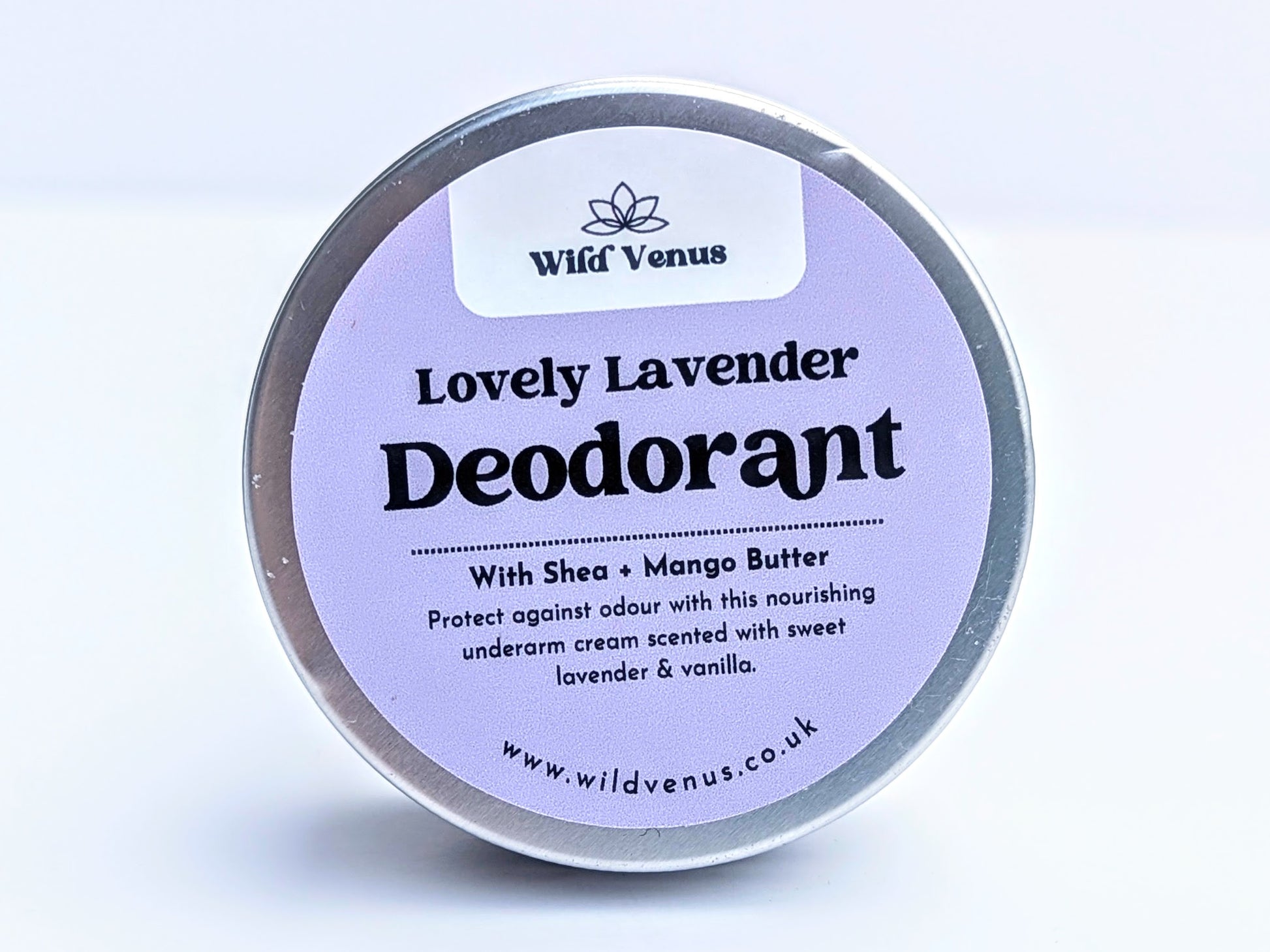 A tin of Lovely lavender Deodorant against a white background. 