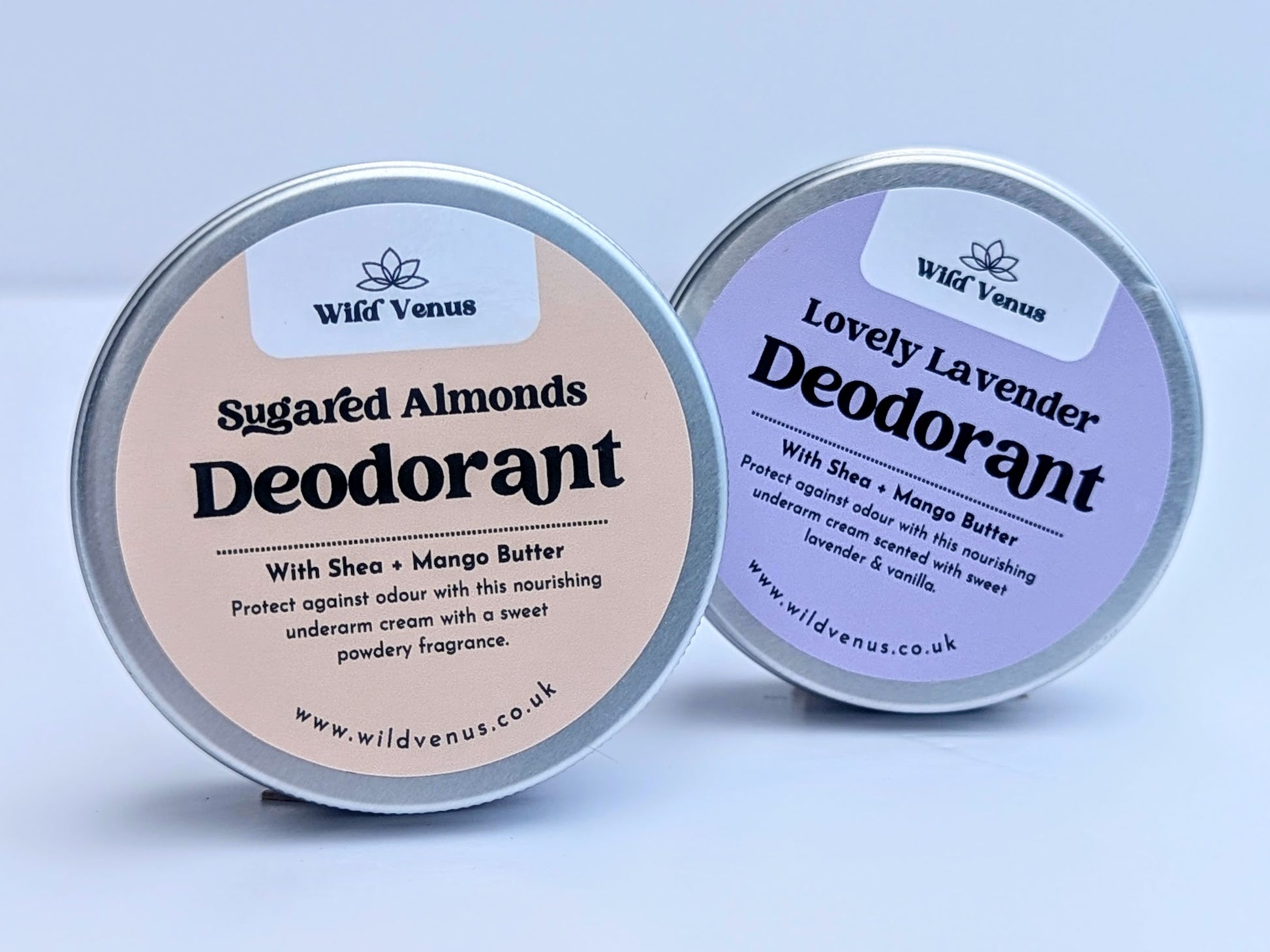 Two of the sweet scented Deodorants side by side. These are the Lovely Lavender and the Sugared Almond scented deodorants. 