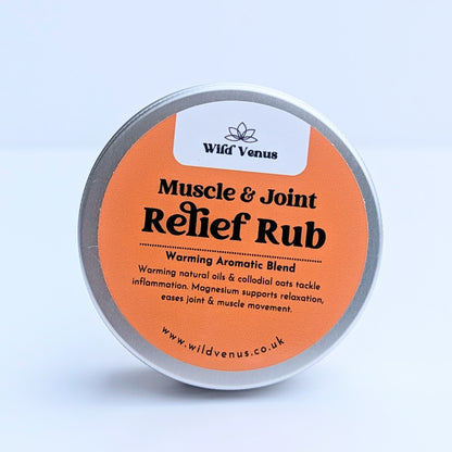 A tin of Wild Venus Muscle and Joint Relief Rub magnesium balm against a white background. 
