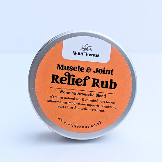 A tin of Wild Venus Muscle and Joint Relief Rub magnesium balm against a white background. 