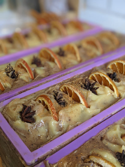 Freshly poured Winter Spice soap in the moulds.