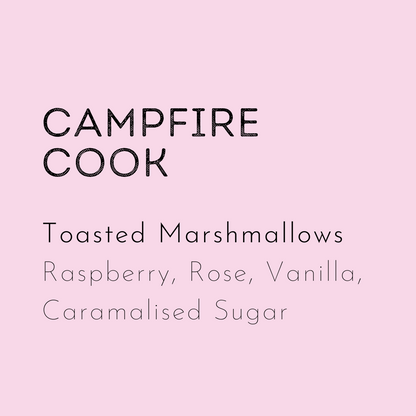 the campfire cook soy wax melt smells like incredibly decadent marshmallows made with luxurious rose and vanilla essence. 